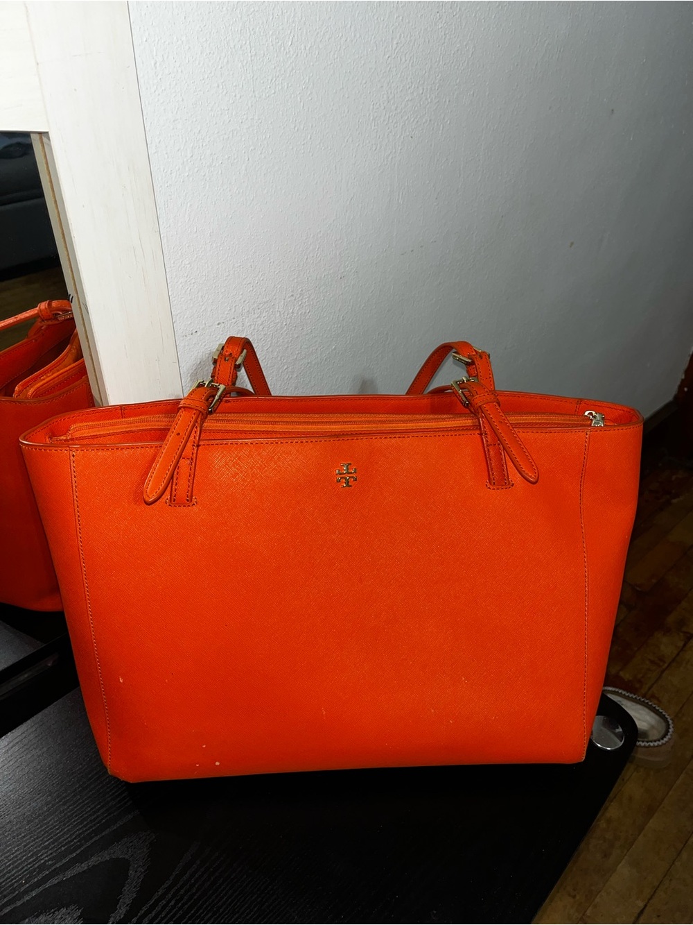 Tory Burch Bright Orange Saffiano Tote with Gold Logo